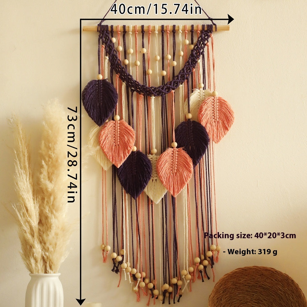 Bohemian Handmade Cotton Woven Wooden Bead Leaves Tapestry