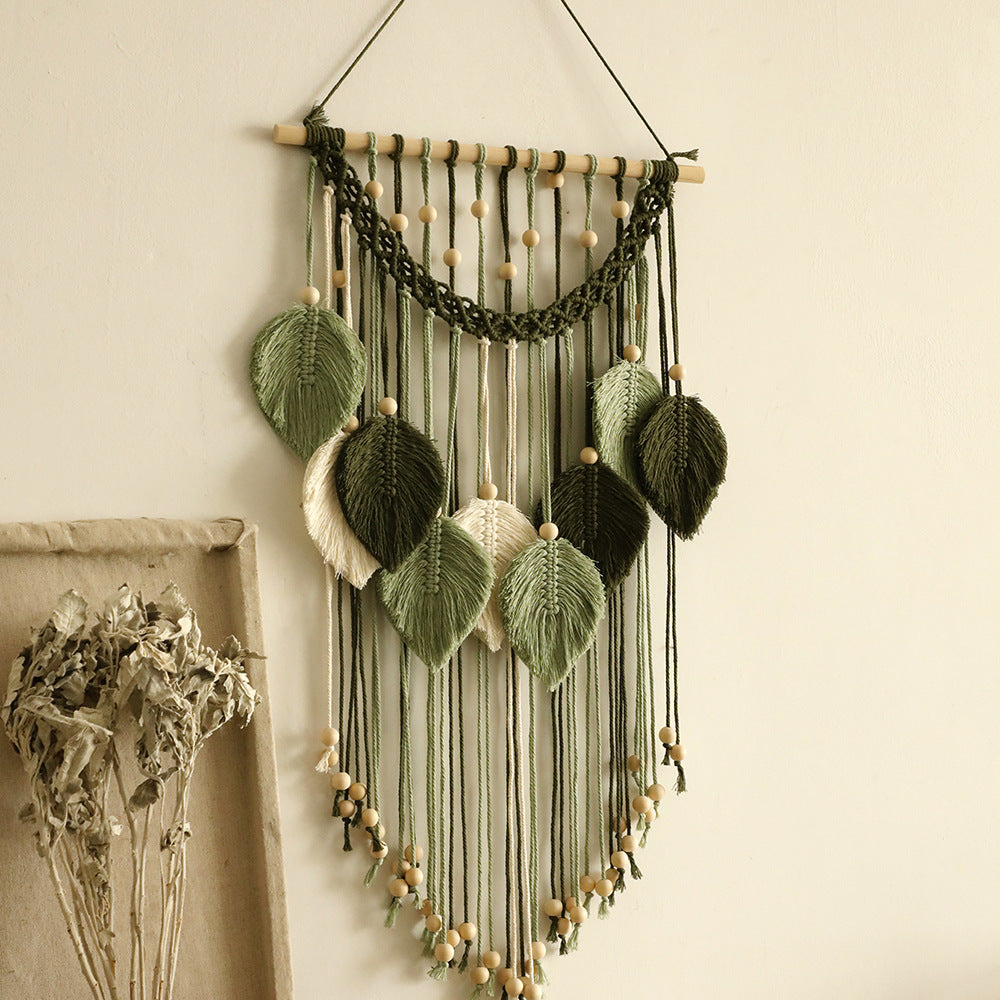 Bohemian Handmade Cotton Woven Wooden Bead Leaves Tapestry