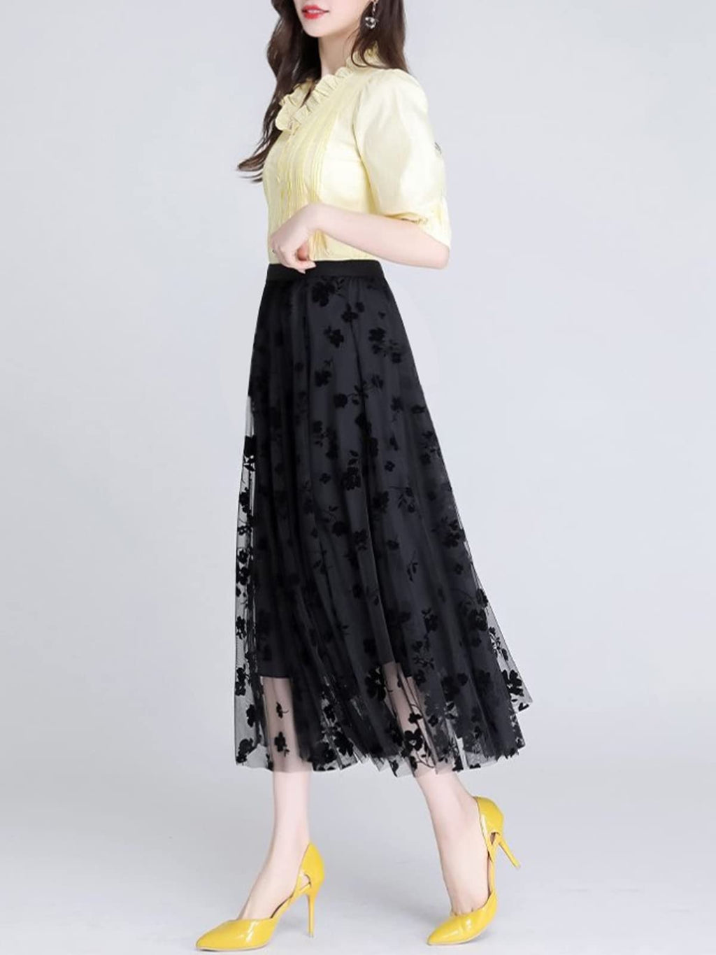 Pleated High Waisted Tulle Skirt Floral