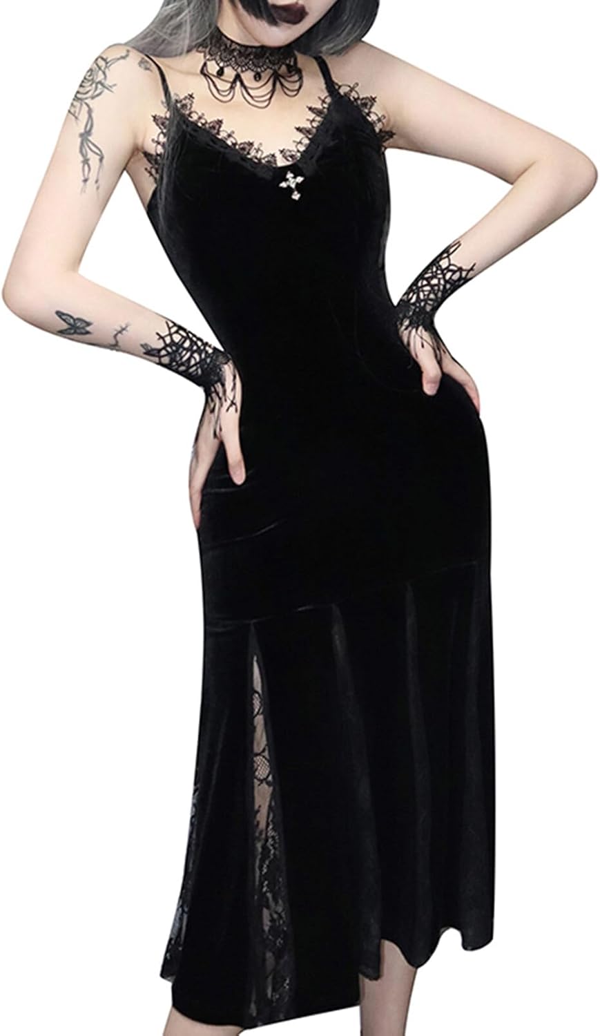 SEAUR Women’s Vintage Spaghetti Straps Dress Gothic High Low Floral Lace Bandage Corset Cocktail Dress Sleeveless Punk Dress