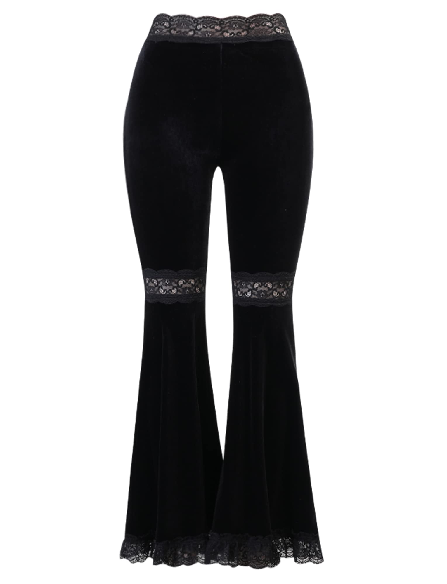 Womens Rave Gothic Flare Pants Sheer Velvet Bell Bottom Hollow Out Lace Trousers High Waist Party Pant Outfit Clubwear