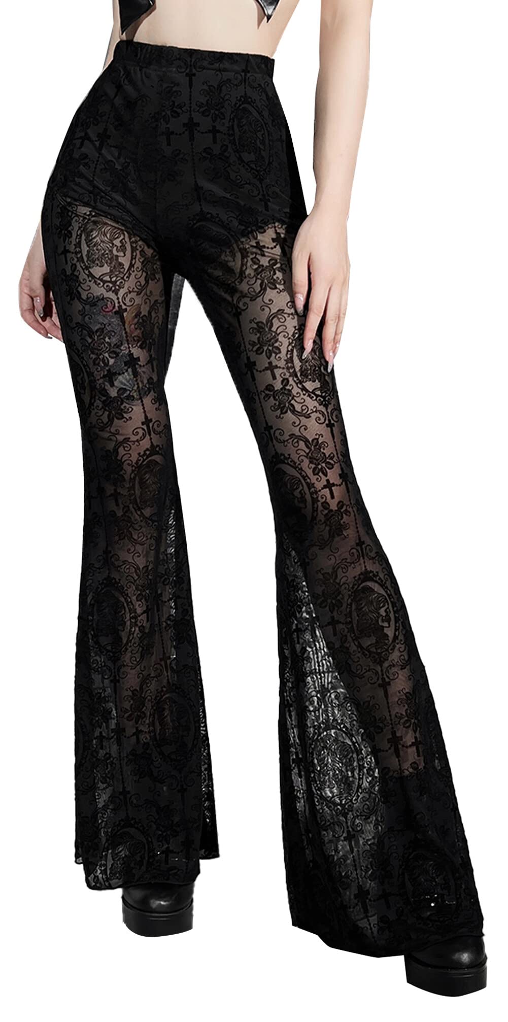 Womens Rave Gothic Flare Pants Sheer Velvet Bell Bottom Hollow Out Lace Trousers High Waist Party Pant Outfit Clubwear