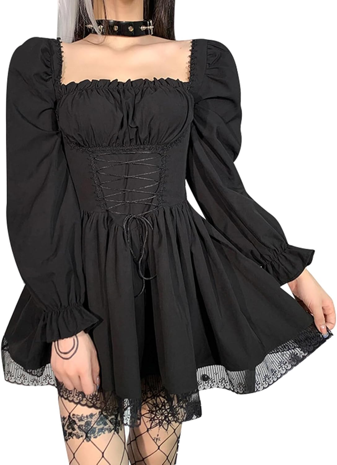 SEAUR Women’s Vintage Spaghetti Straps Dress Gothic High Low Floral Lace Bandage Corset Cocktail Dress Sleeveless Punk Dress