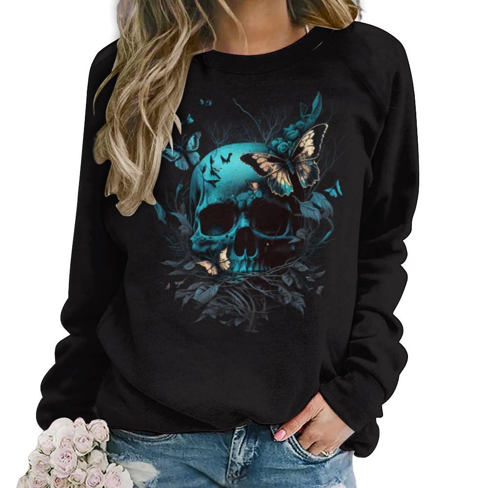 Lurhonp Women's Skull Graphic Sweatshirt Halloween Crewneck Long Sleeve Pullover Tops