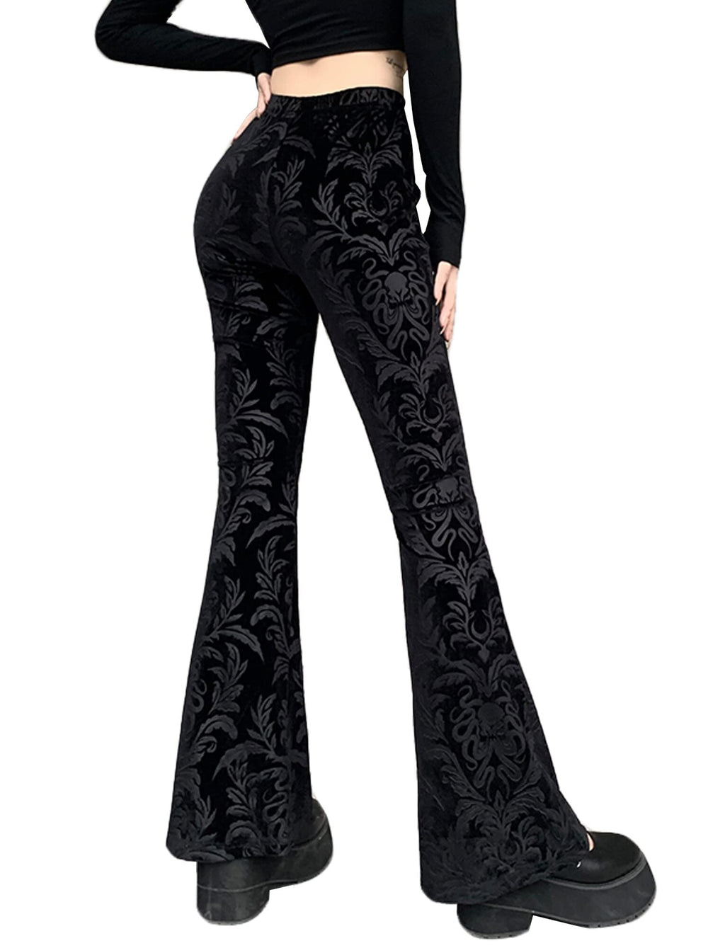 Womens Rave Gothic Flare Pants Sheer Velvet Bell Bottom Hollow Out Lace Trousers High Waist Party Pant Outfit Clubwear