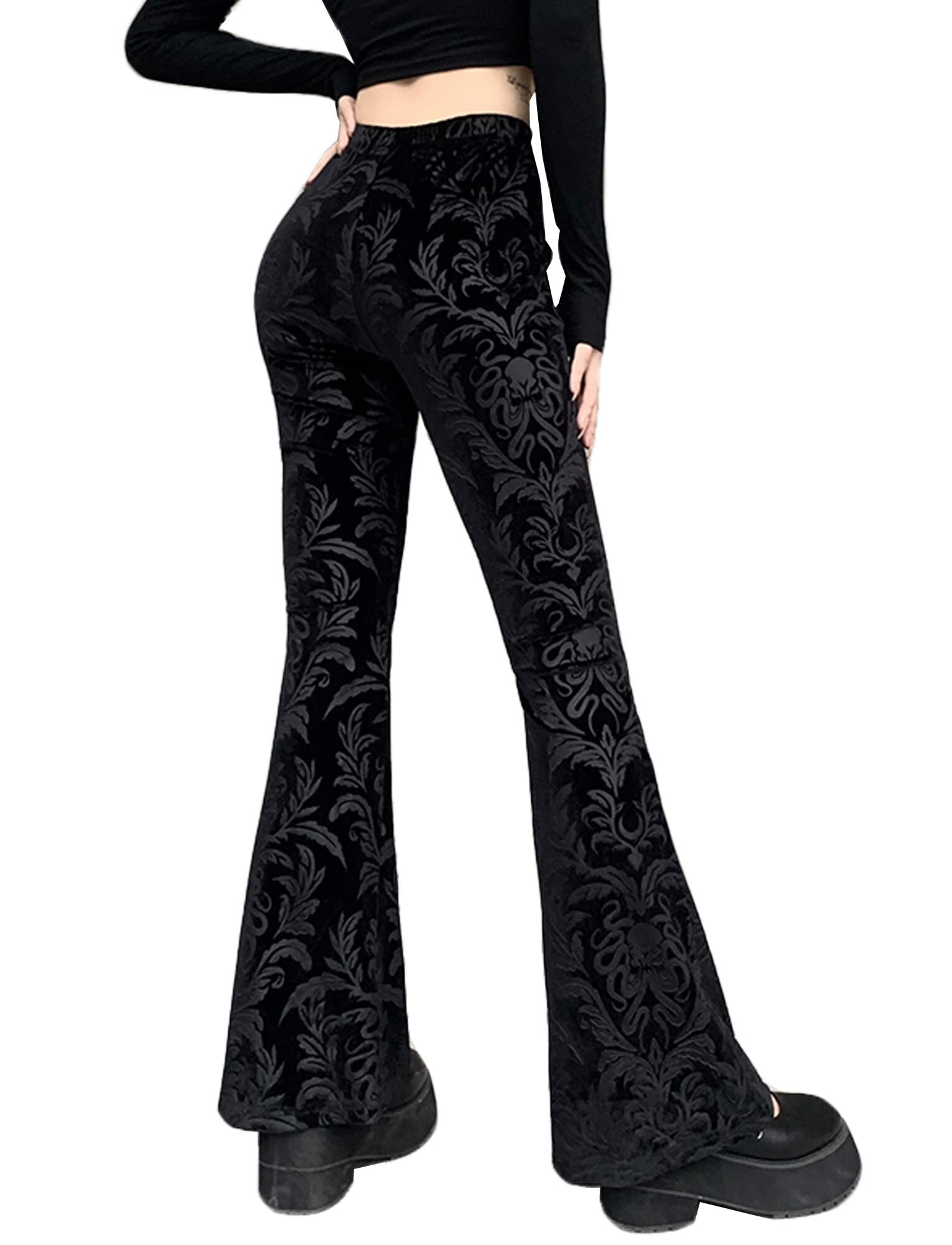 Womens Rave Gothic Flare Pants Sheer Velvet Bell Bottom Hollow Out Lace Trousers High Waist Party Pant Outfit Clubwear