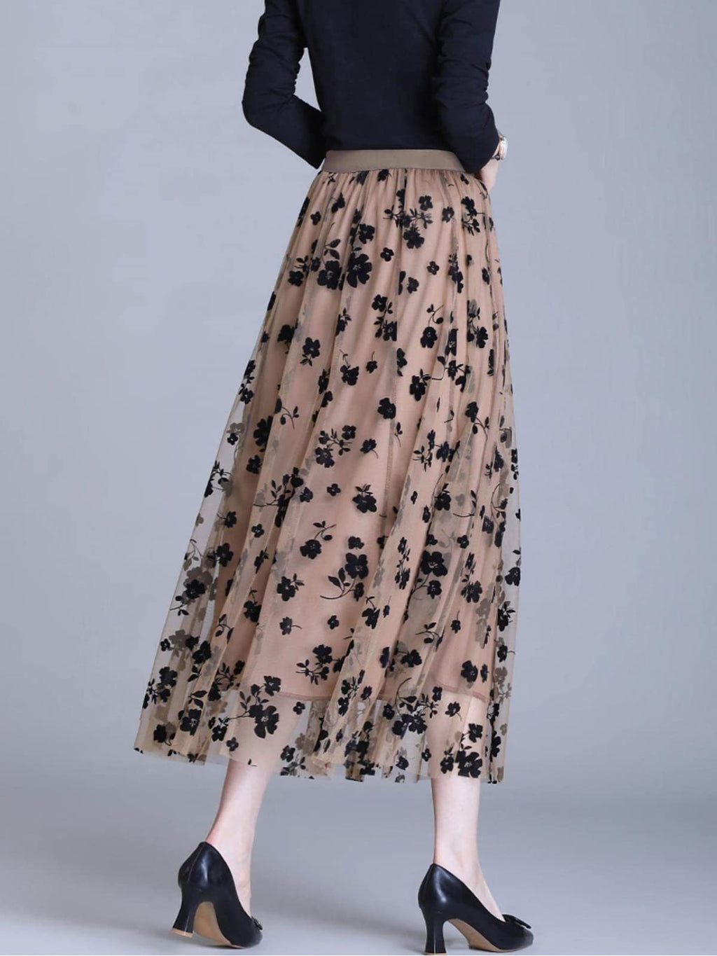 Pleated High Waisted Tulle Skirt Floral