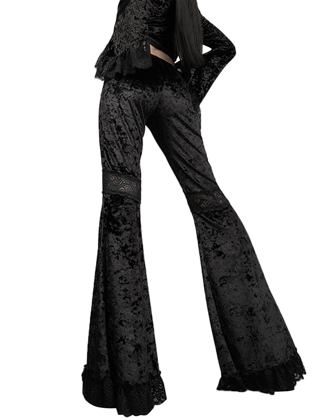 Womens Rave Gothic Flare Pants Sheer Velvet Bell Bottom Hollow Out Lace Trousers High Waist Party Pant Outfit Clubwear