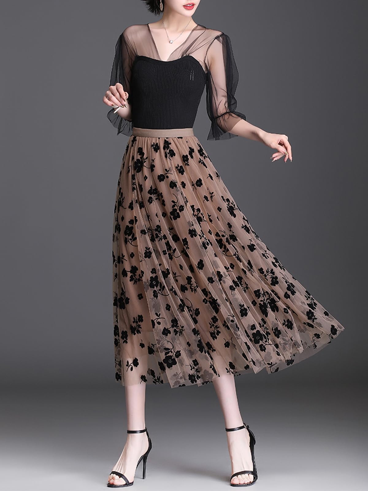 Pleated High Waisted Tulle Skirt Floral