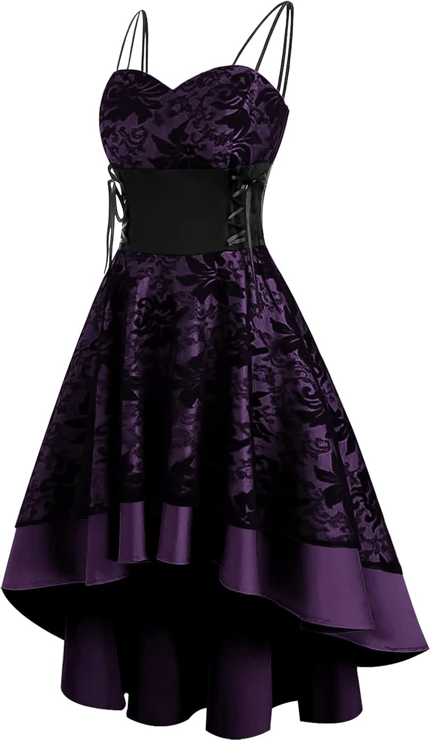 SEAUR Women’s Vintage Spaghetti Straps Dress Gothic High Low Floral Lace Bandage Corset Cocktail Dress Sleeveless Punk Dress