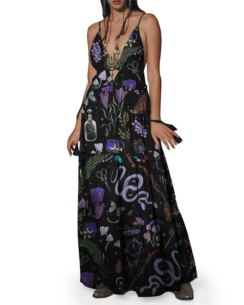 Womens Summer Dresses Mystical Gothic Maxi Dress Women Casual Floral Sundresses V Neck Sleeveless Halloween Outfits