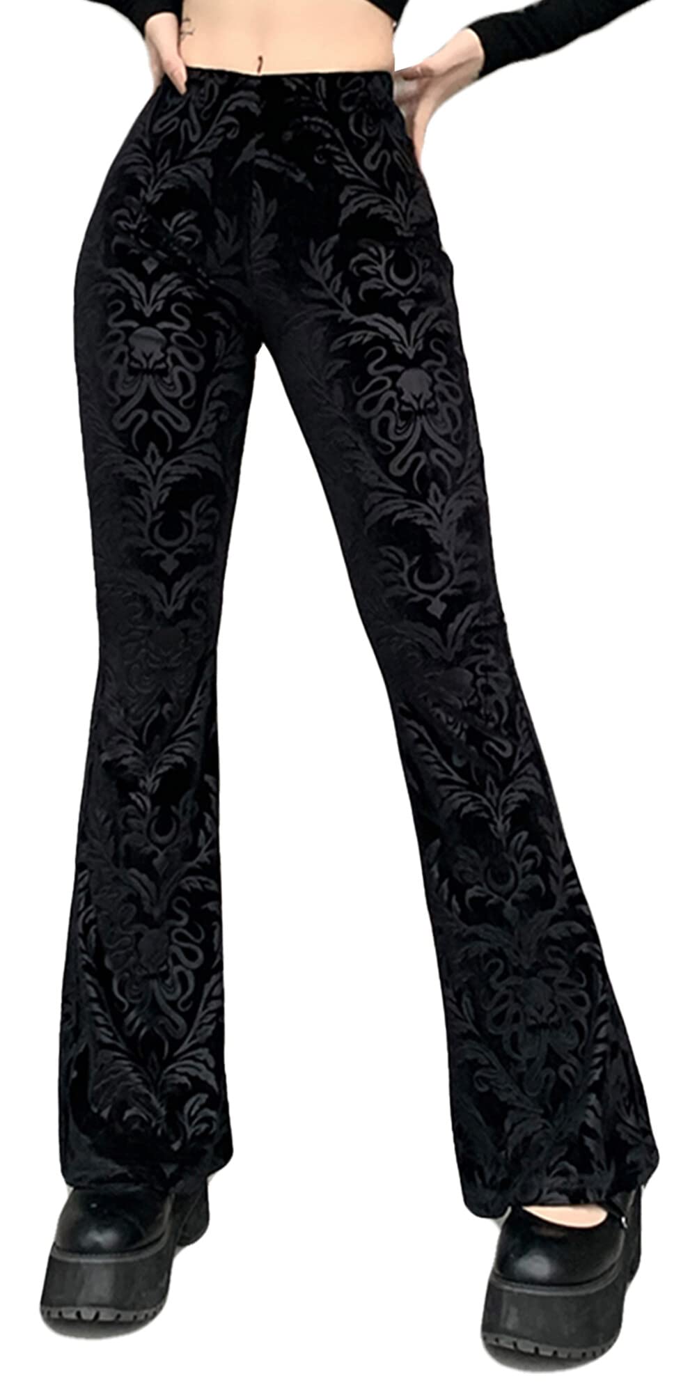 Womens Rave Gothic Flare Pants Sheer Velvet Bell Bottom Hollow Out Lace Trousers High Waist Party Pant Outfit Clubwear