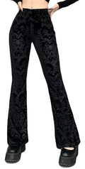 Womens Rave Gothic Flare Pants Sheer Velvet Bell Bottom Hollow Out Lace Trousers High Waist Party Pant Outfit Clubwear