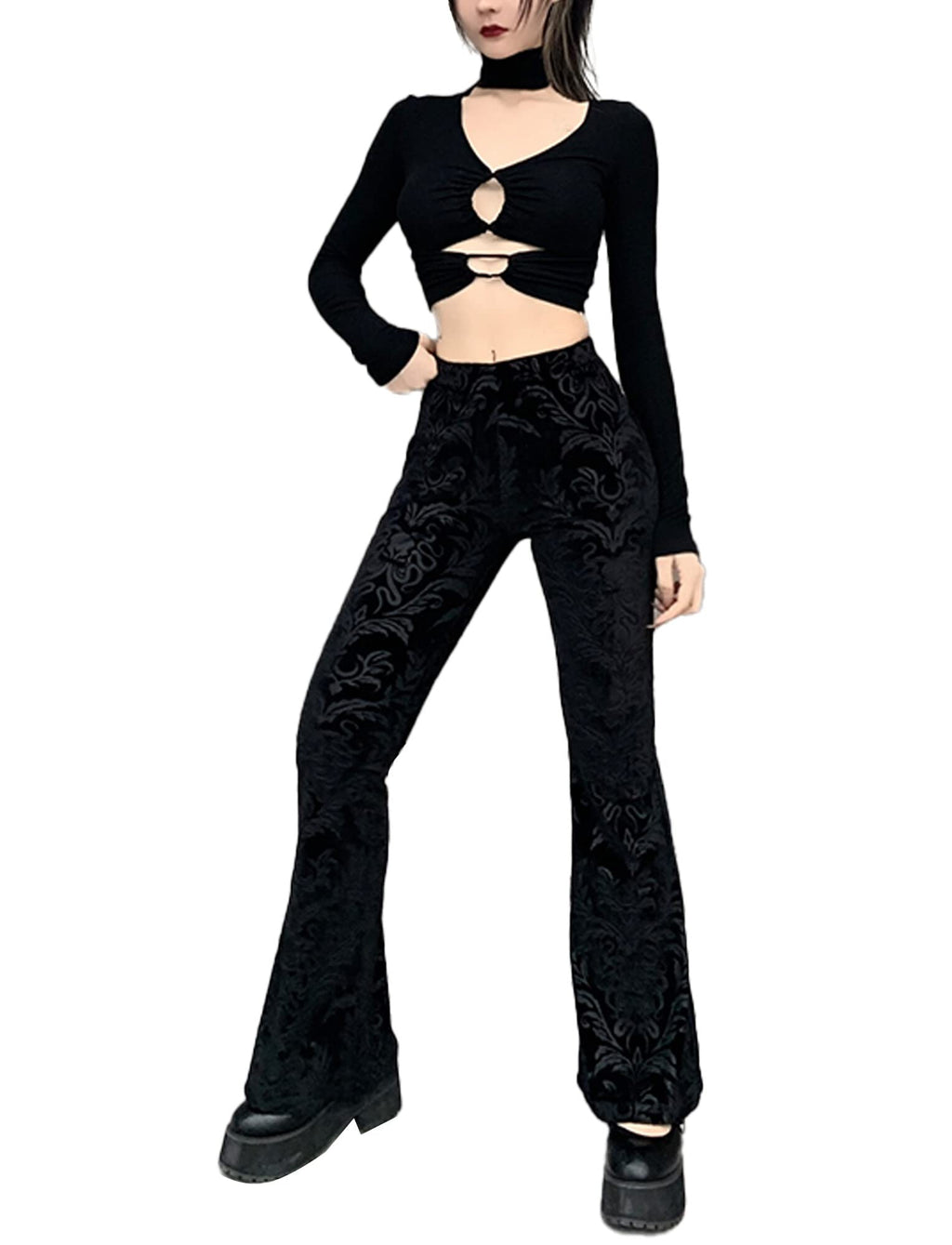 Womens Rave Gothic Flare Pants Sheer Velvet Bell Bottom Hollow Out Lace Trousers High Waist Party Pant Outfit Clubwear
