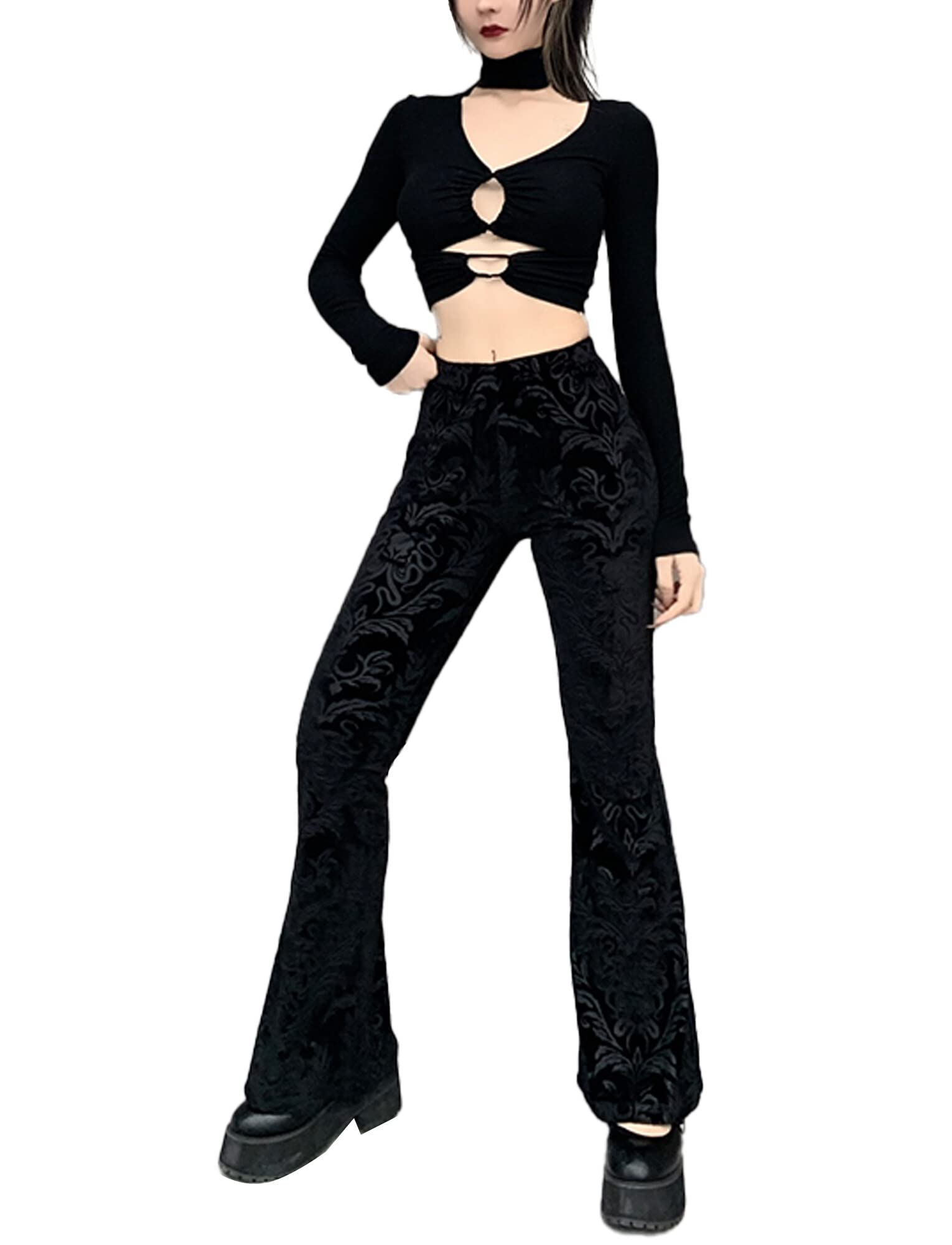 Womens Rave Gothic Flare Pants Sheer Velvet Bell Bottom Hollow Out Lace Trousers High Waist Party Pant Outfit Clubwear