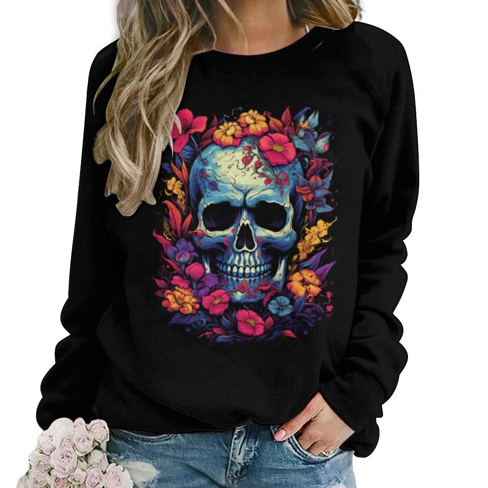 Lurhonp Women's Skull Graphic Sweatshirt Halloween Crewneck Long Sleeve Pullover Tops