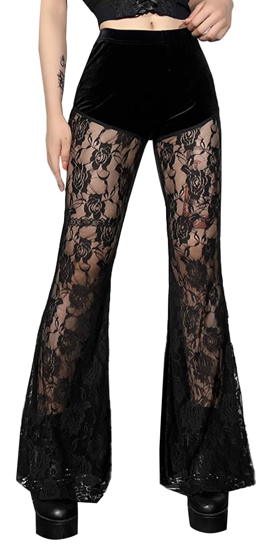 Womens Rave Gothic Flare Pants Sheer Velvet Bell Bottom Hollow Out Lace Trousers High Waist Party Pant Outfit Clubwear