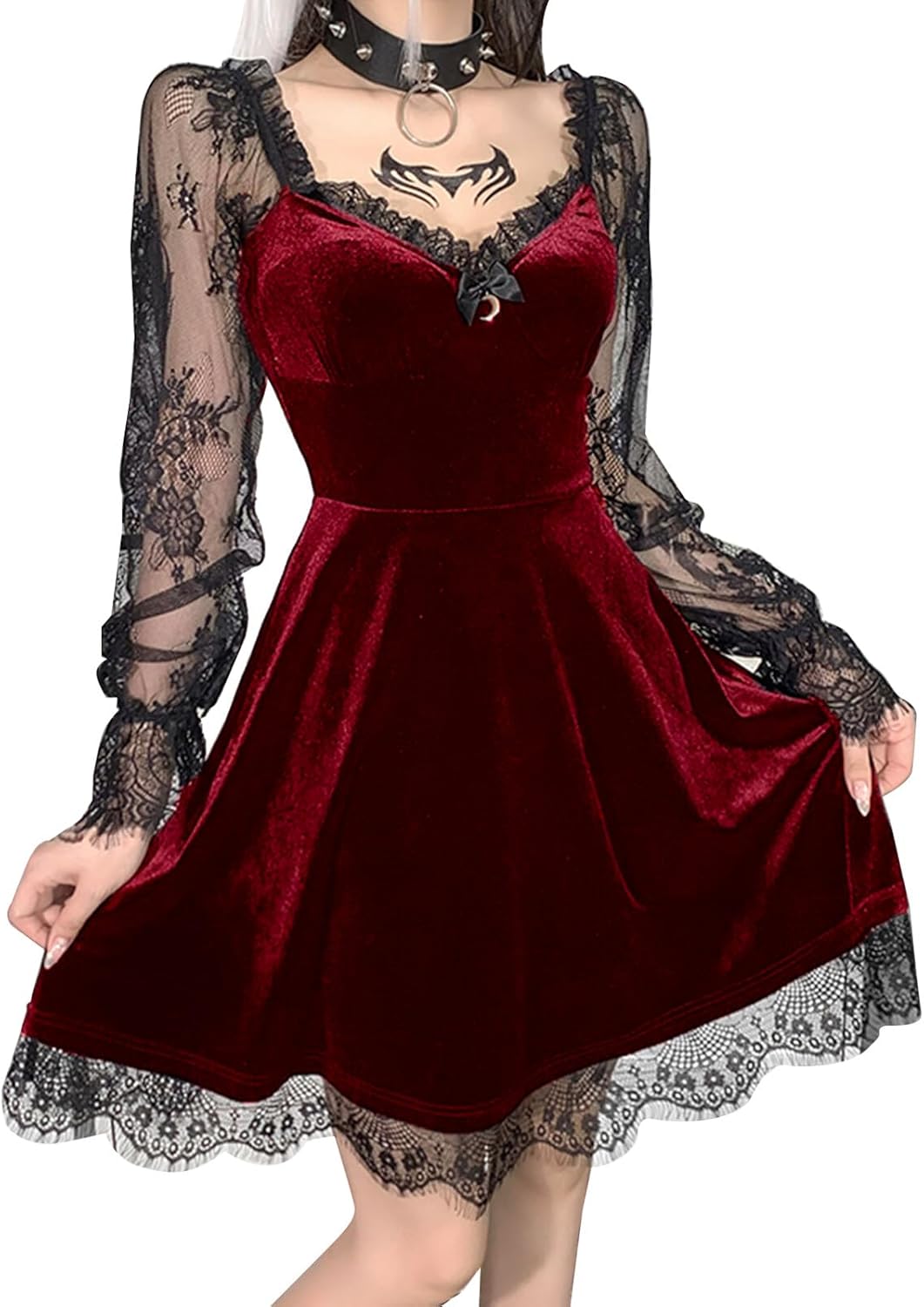 SEAUR Women’s Vintage Spaghetti Straps Dress Gothic High Low Floral Lace Bandage Corset Cocktail Dress Sleeveless Punk Dress