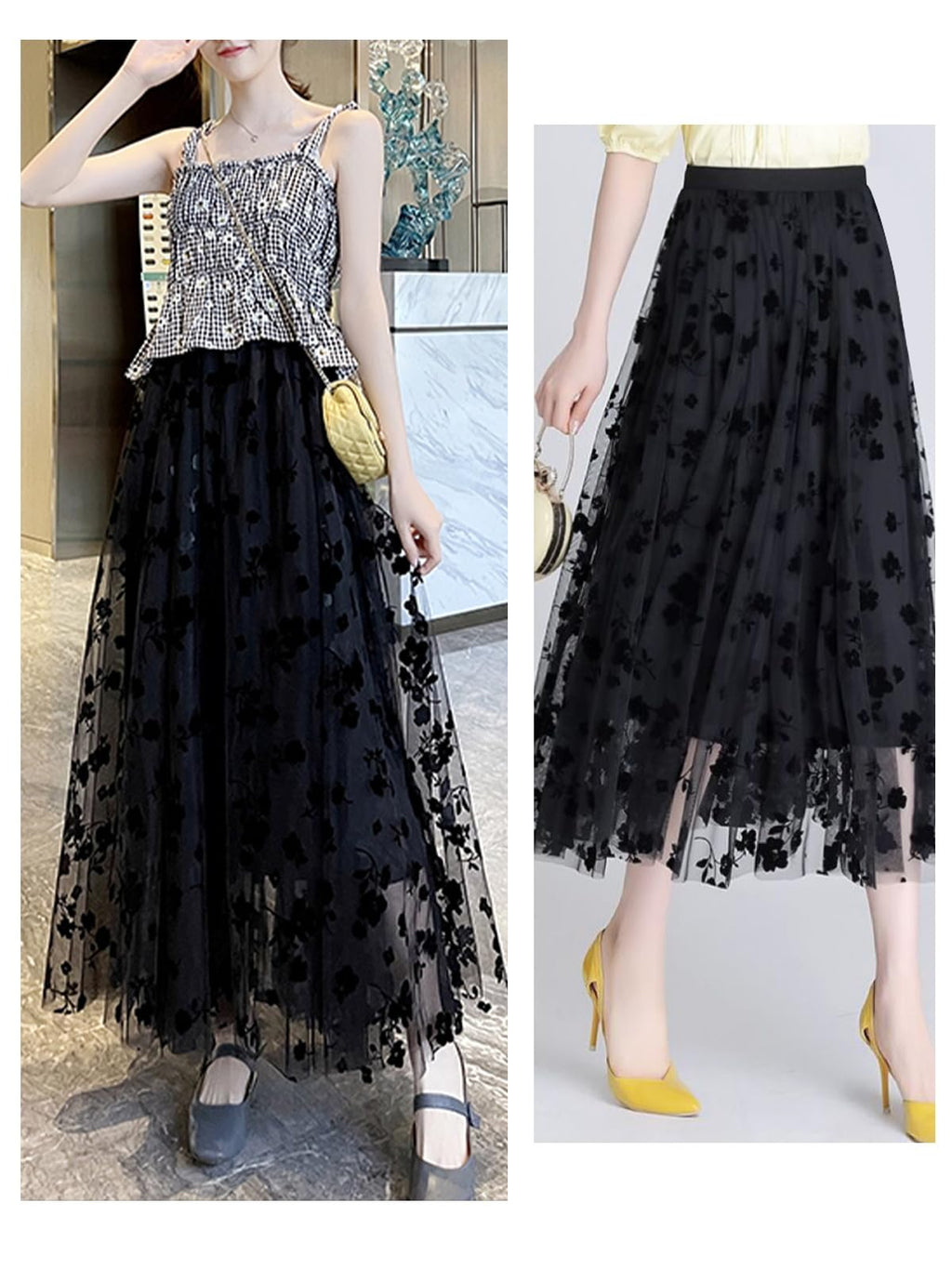 Pleated High Waisted Tulle Skirt Floral
