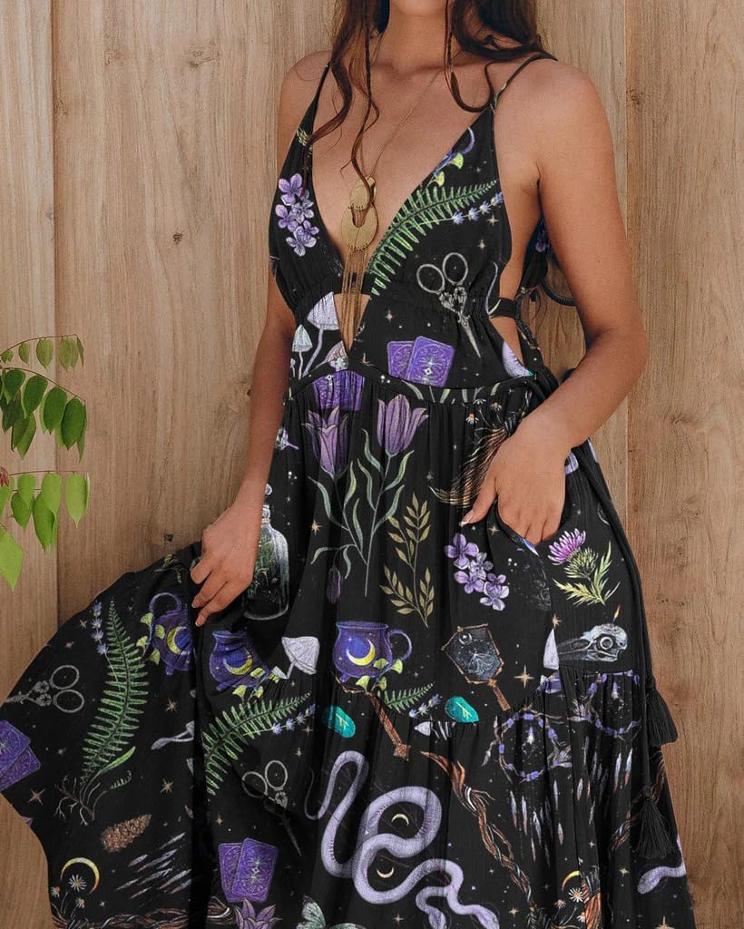 Womens Summer Dresses Mystical Gothic Maxi Dress Women Casual Floral Sundresses V Neck Sleeveless Halloween Outfits