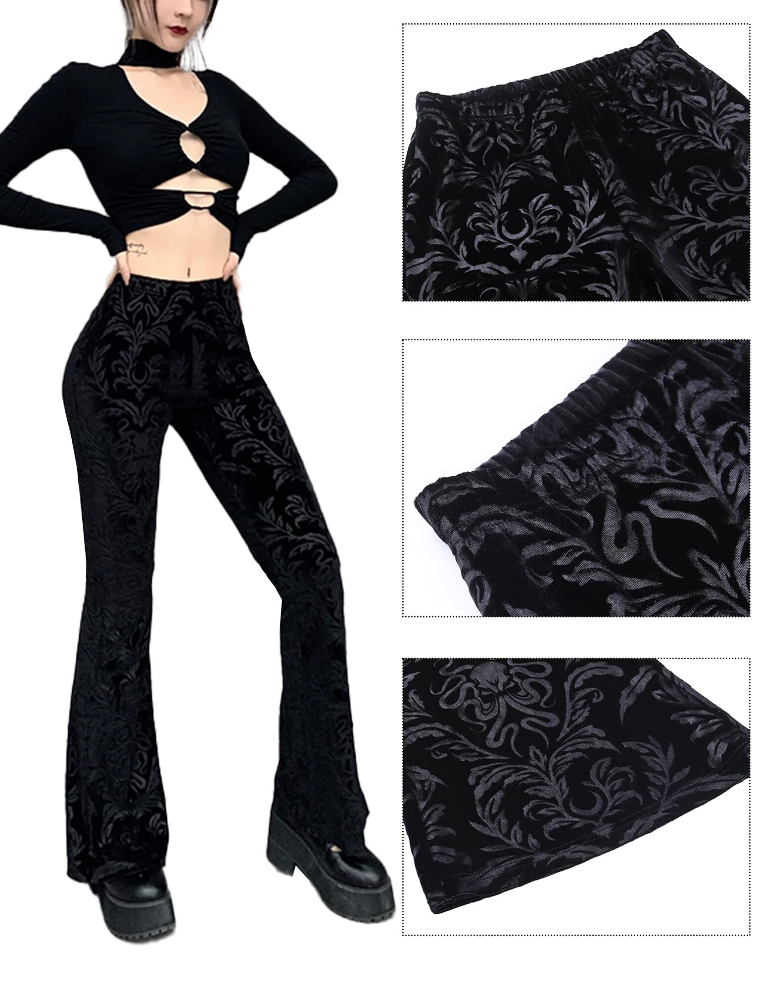 Womens Rave Gothic Flare Pants Sheer Velvet Bell Bottom Hollow Out Lace Trousers High Waist Party Pant Outfit Clubwear