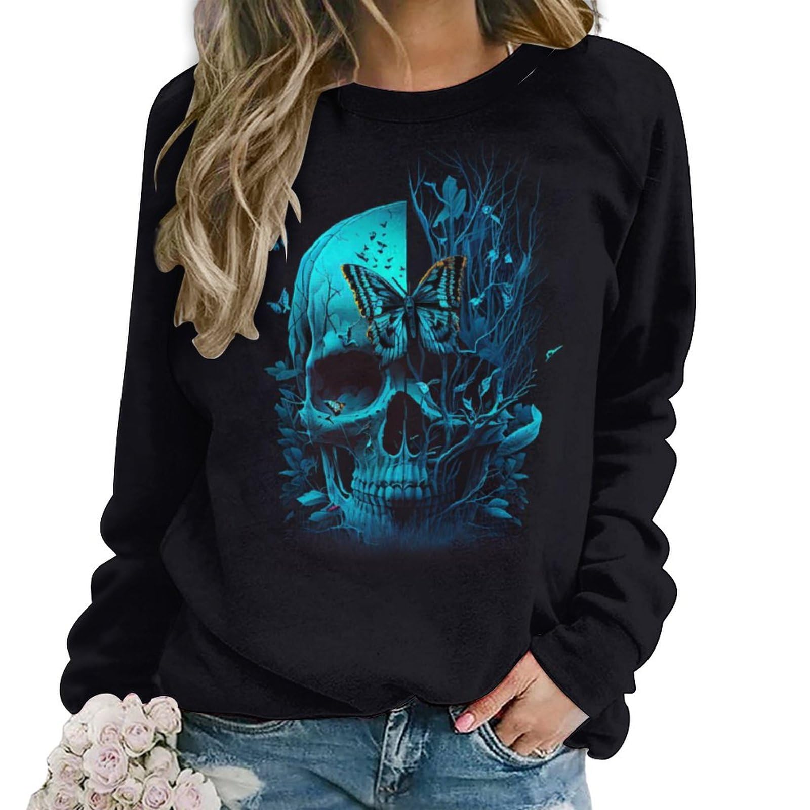 Lurhonp Women's Skull Graphic Sweatshirt Halloween Crewneck Long Sleeve Pullover Tops