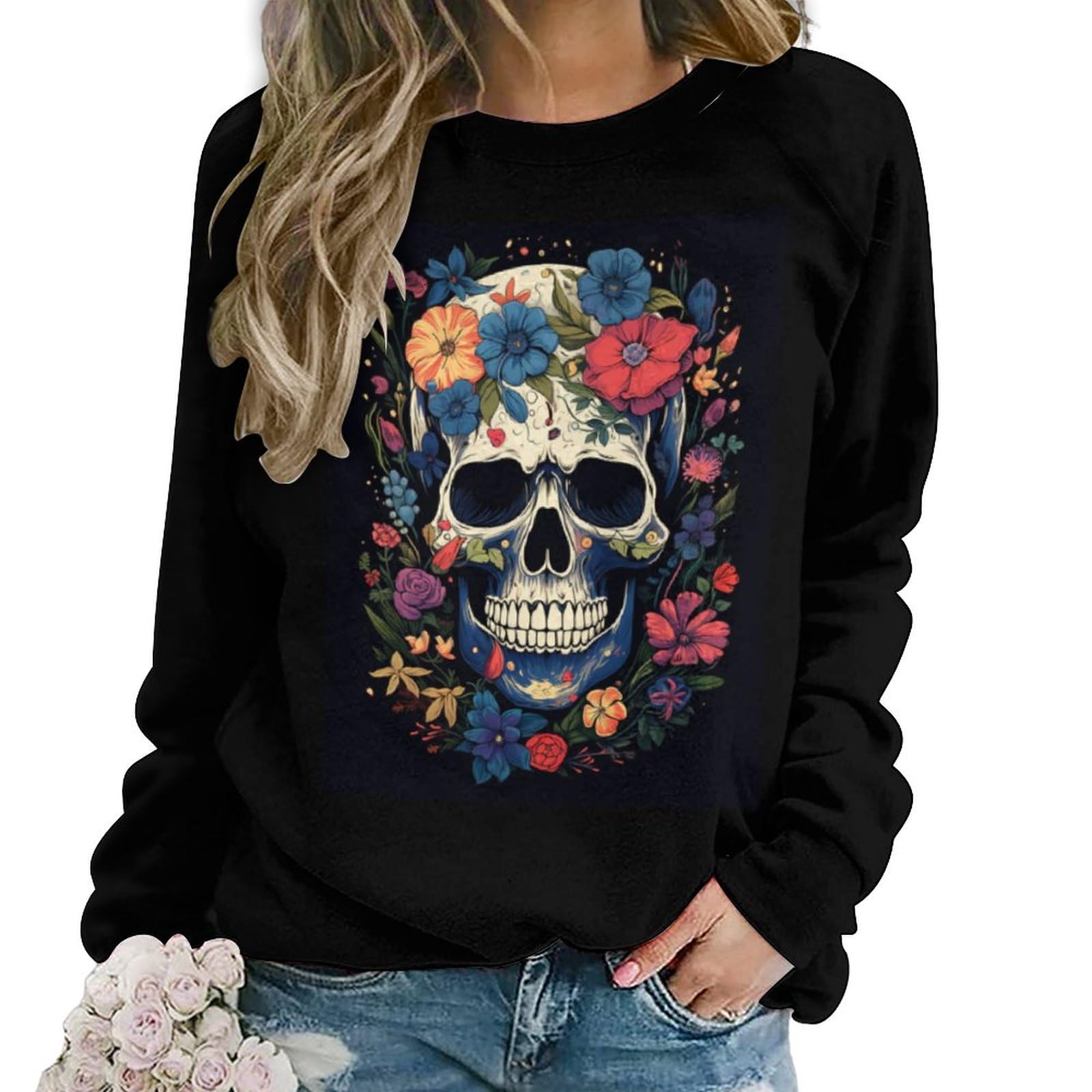 Lurhonp Women's Skull Graphic Sweatshirt Halloween Crewneck Long Sleeve Pullover Tops