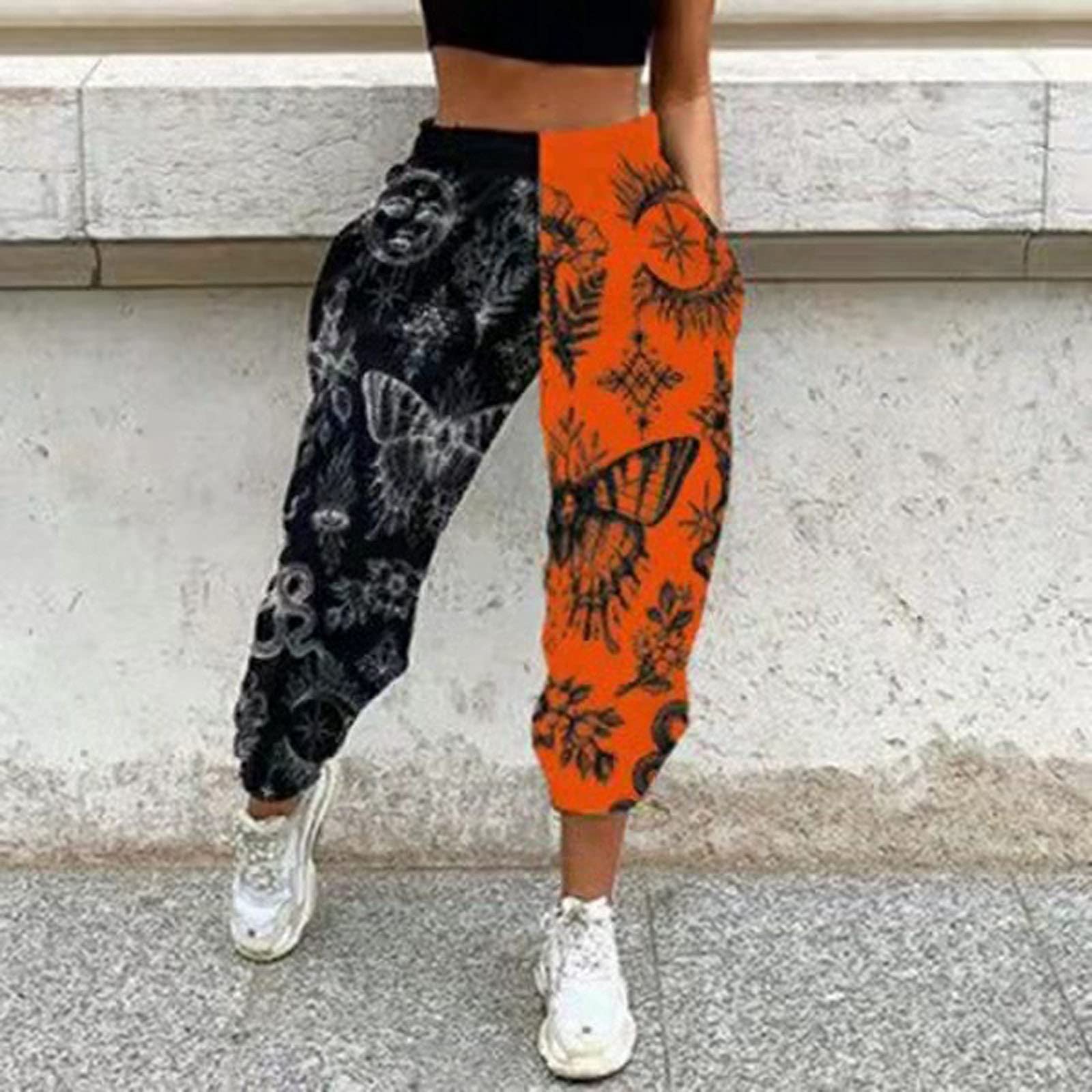 Amuver Women's Boho Hippie Harem Pants High Smocked Waist Printed Patchwork Sweatpants Yoga 90S Goth Baggy Casual Trousers