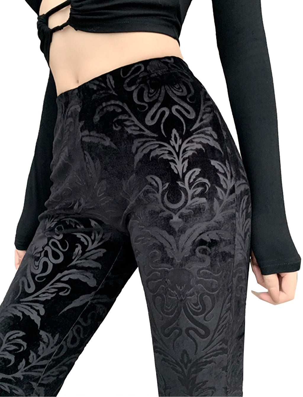 Womens Rave Gothic Flare Pants Sheer Velvet Bell Bottom Hollow Out Lace Trousers High Waist Party Pant Outfit Clubwear