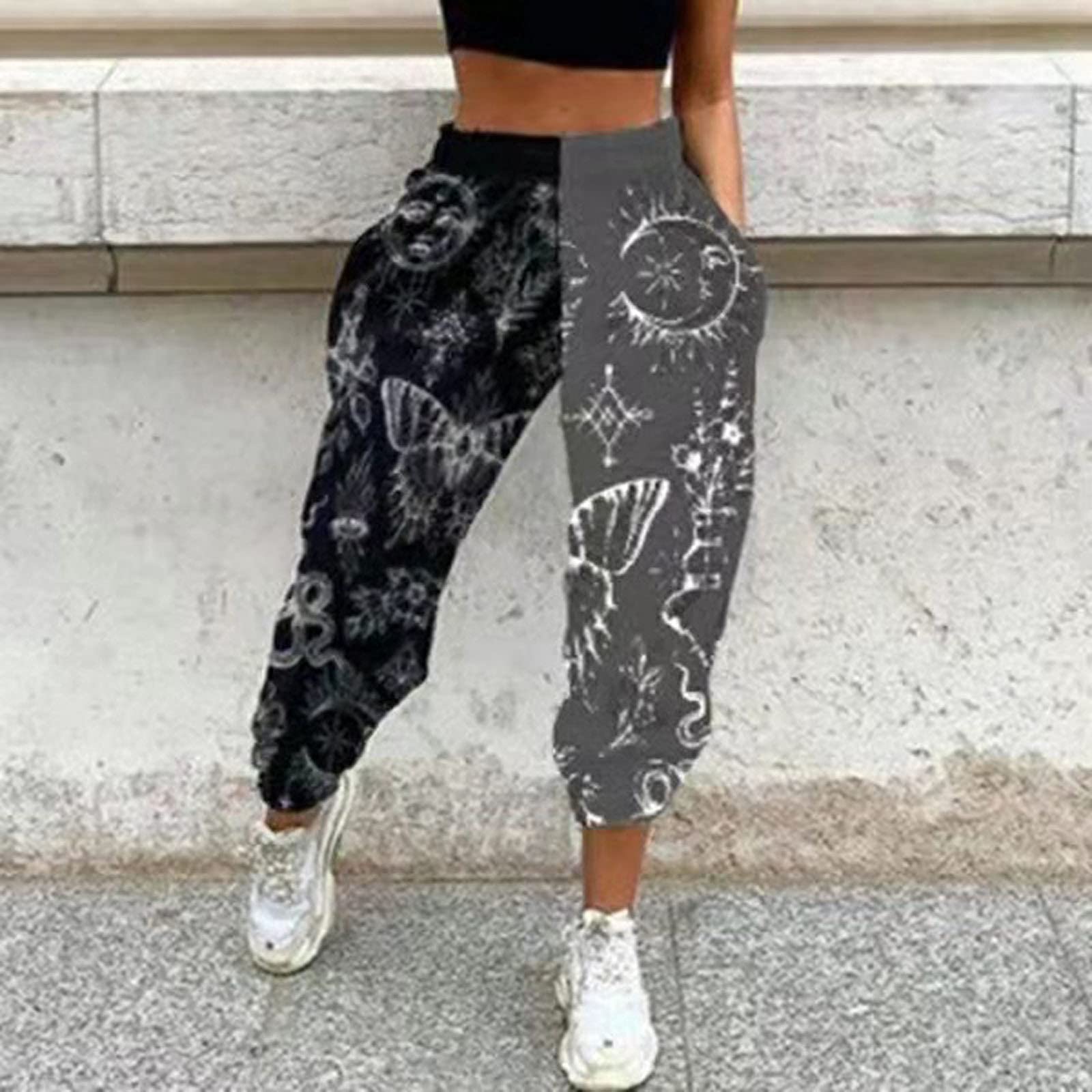 Amuver Women's Boho Hippie Harem Pants High Smocked Waist Printed Patchwork Sweatpants Yoga 90S Goth Baggy Casual Trousers