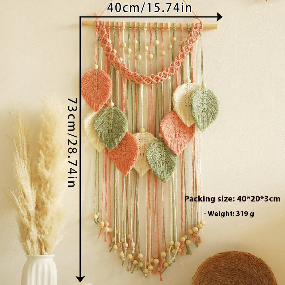 Bohemian Handmade Cotton Woven Wooden Bead Leaves Tapestry