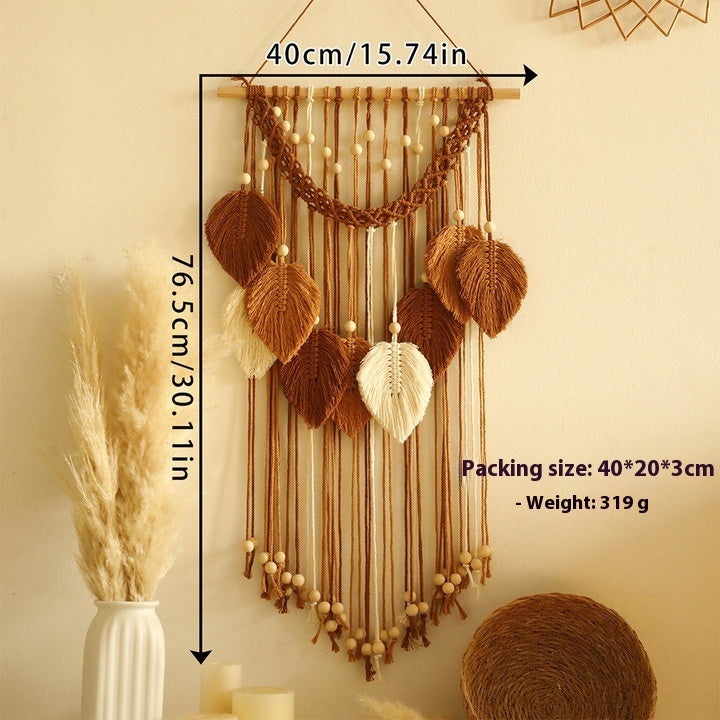 Bohemian Handmade Cotton Woven Wooden Bead Leaves Tapestry
