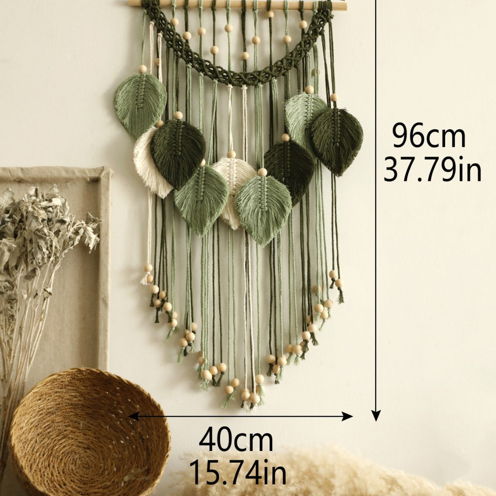 Bohemian Handmade Cotton Woven Wooden Bead Leaves Tapestry