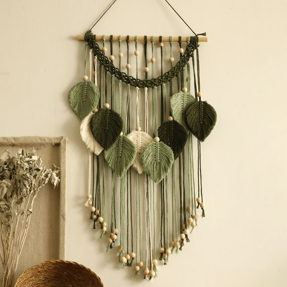 Bohemian Handmade Cotton Woven Wooden Bead Leaves Tapestry